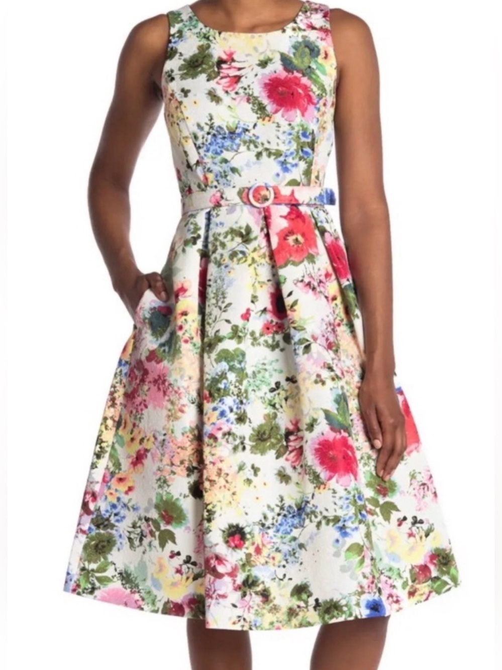 Floral Print Sleeveless Fit-and-Flare Kids Dress - White with Multicolor Flowers